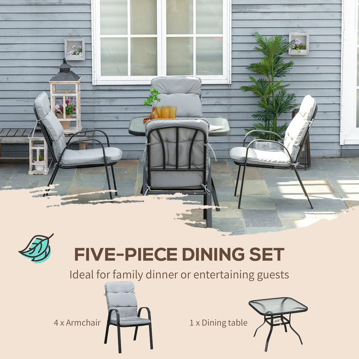 5-Piece Garden Dining Set - Outdoor Square Table with Tempered Glass Top and Umbrella Hole, 4 Cushioned Armchairs - Ideal for Patio Entertaining and Family Meals