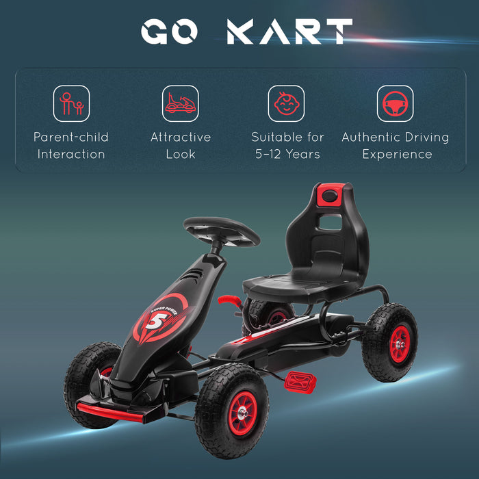 Adjustable Children's Pedal Go-Kart - Racing Cart with Inflatable Tires and Shock Absorption - Ideal for Boys and Girls Aged 5-12, Handbrake Equipped, Vibrant Red