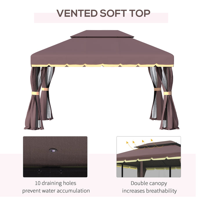 Aluminium Alloy 3x4m Gazebo - Outdoor Marquee Canopy Pavilion with Nets and Sidewalls, Coffee Color - Ideal Garden Party & Patio Shelter