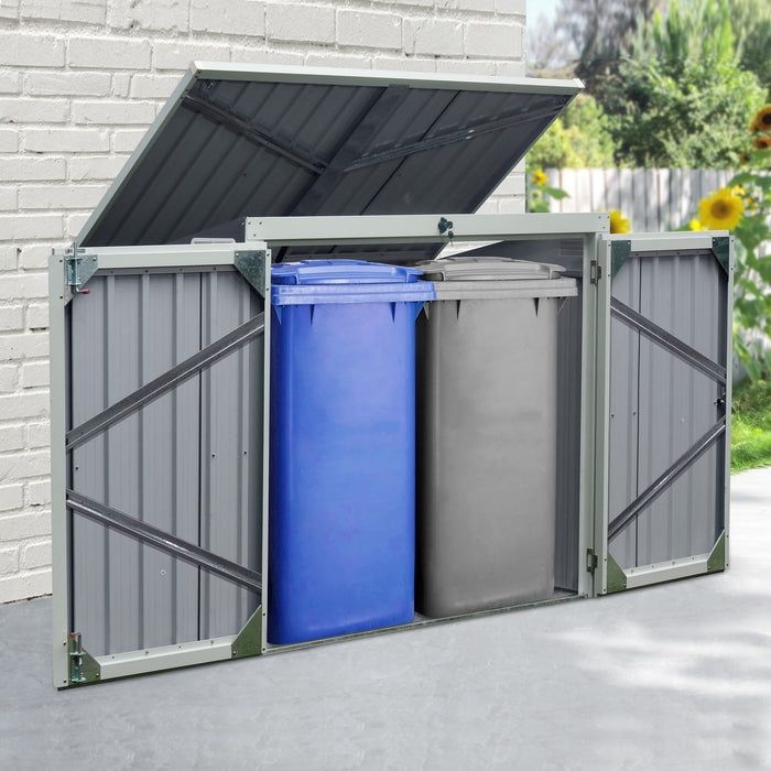 5ft x 3ft Garden 2-Bin Storage Shed - Corrugated Steel, Locking Doors, Outdoor Dustbin Unit - Keeps Garbage Discreet and Secured