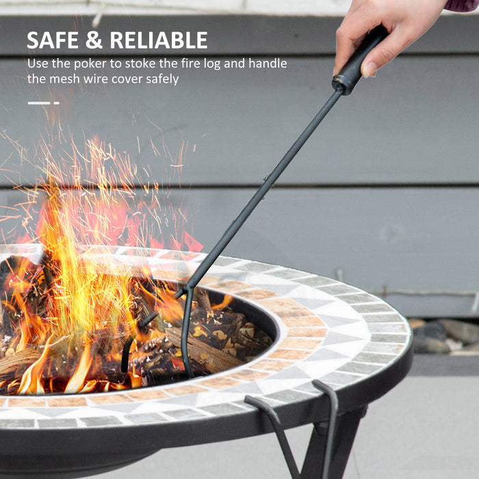 Outdoor Mosaic Fire Pit Table 60cm - Spark Screen Cover, Round Design, Fire Poker Included - Ideal for Garden Bonfire Gatherings