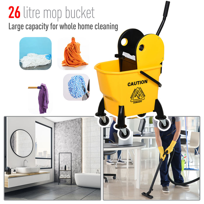 Heavy-Duty 26L Mop Bucket with Water Wringer - 4-Wheeled, Metal Handle, Plastic Construction, Pole Holder Cleaning Cart in Yellow - Ideal for Home and Commercial Use