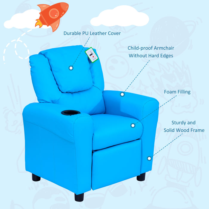 Kids' Comfy Recliner Chair with Built-in Cup Holder - Plush Blue Seating for Children - Perfect for Relaxing and Reading