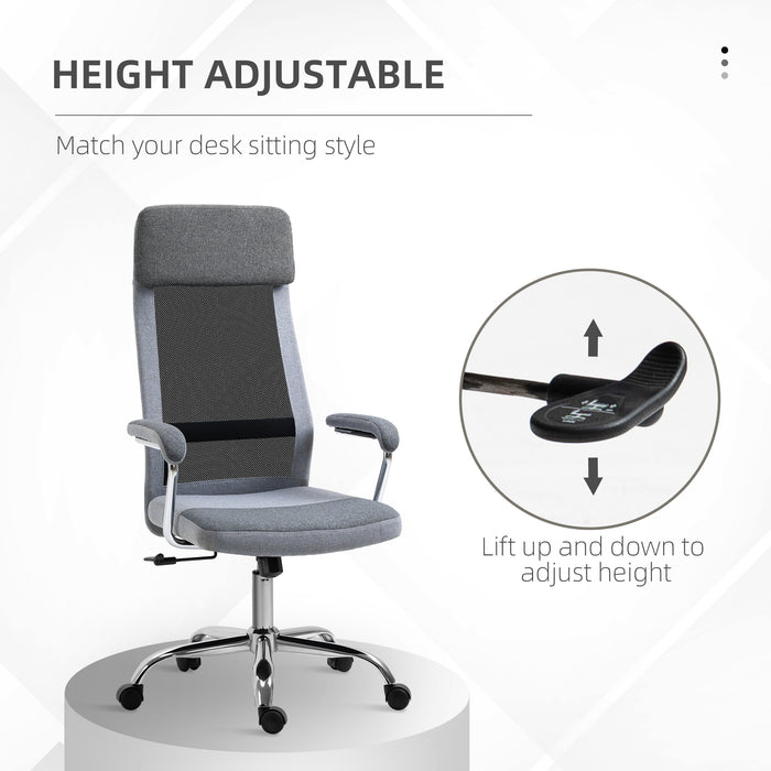 High-Back Linen-Feel Mesh Office Chair - Ergonomic Swivel Task Chair with Arms and Wheels - Comfortable Desk Seating for Home Office Use, Grey