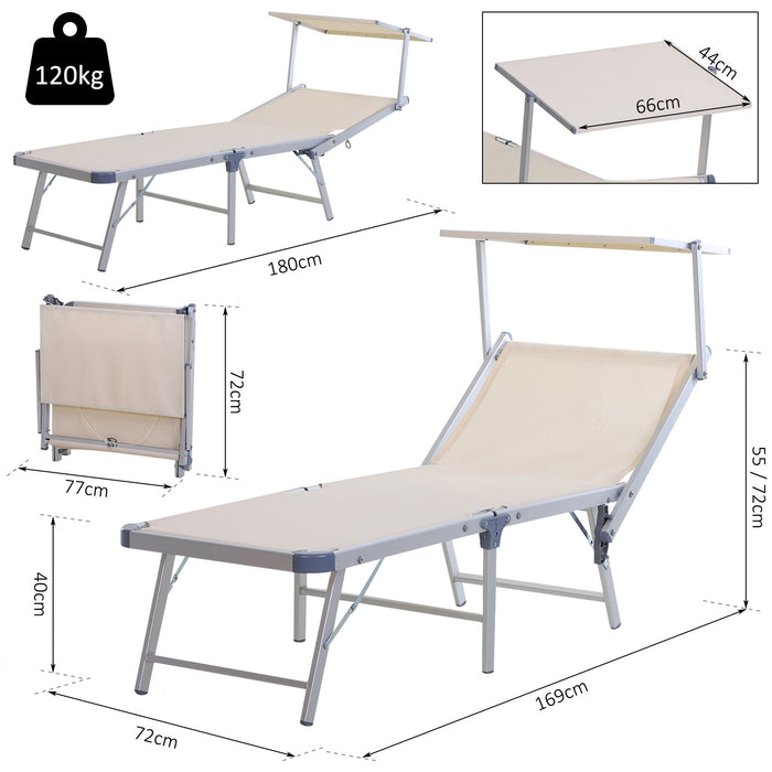 Sun Lounger with Canopy - Adjustable Reclining Texteline Chaise Lounge, Aluminium Frame, Beige - Ideal for Garden Relaxation and Sunbathing