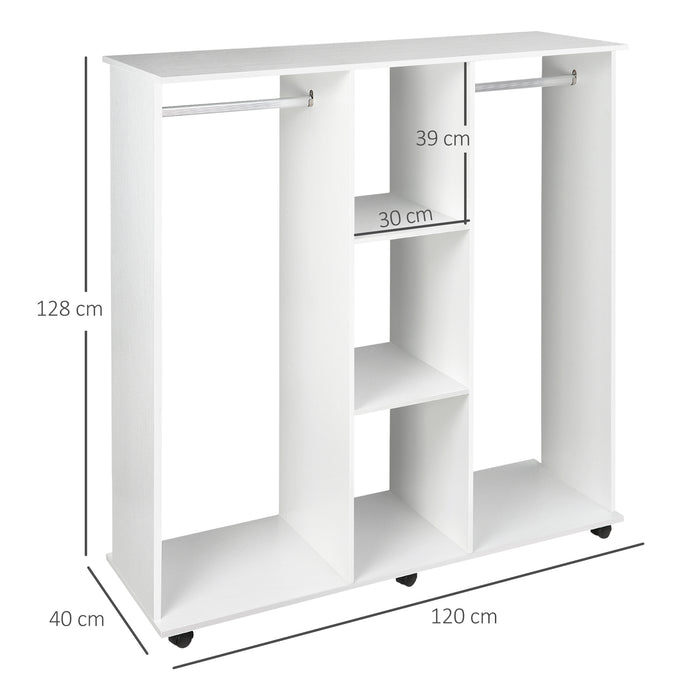 Double Mobile Open Wardrobe - Clothes Hanging Rails and Storage Shelves Organizer for Bedroom - Space-Saving White Furniture Piece