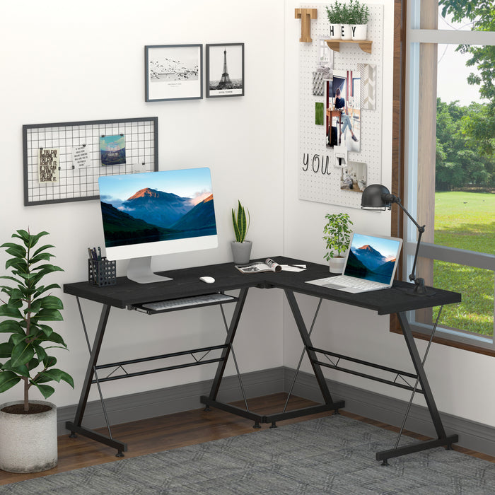 L-Shaped Office Gaming Desk - Sturdy Laminated Computer Workstation with Keyboard Tray - Ideal for Gamers and Home Office Use