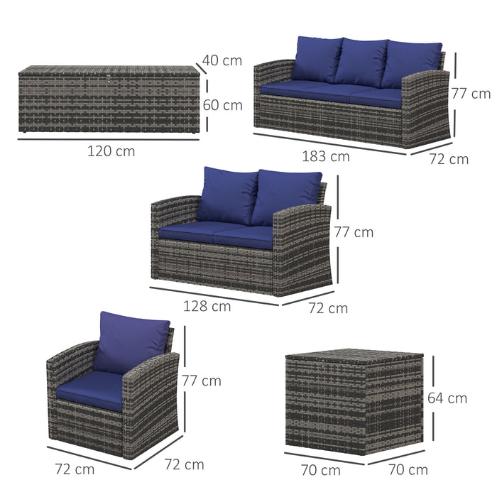 Outdoor Rattan 6-Piece Sofa Set - Wicker Sectional Patio Conversation Furniture with Storage Table and Navy Blue Cushions - Ideal for Garden and Poolside Lounging