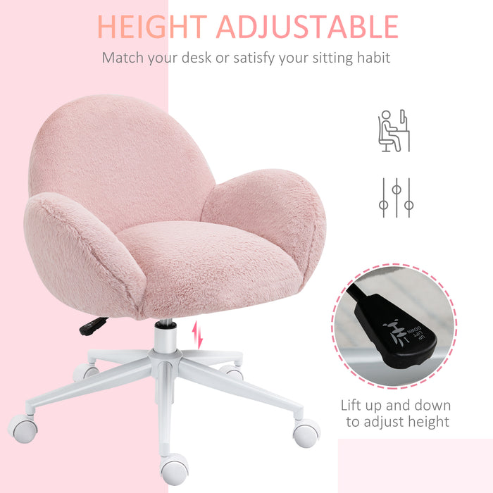 Ergonomic Fluffy Pink Chair with Armrests - Home Office Comfort Swivel Chair with Backrest - Ideal for Bedroom and Living Room Use