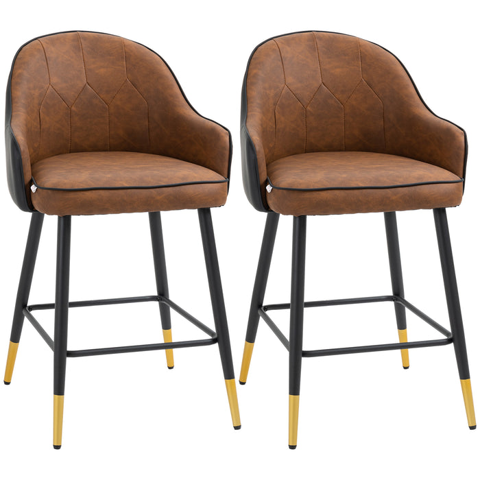 Modern Upholstered Bar Stools (Set of 2) - PU Leather Kitchen Chairs with Tufted Back and Steel Legs, Brown - Ideal for Home Bar or Kitchen Island Seating