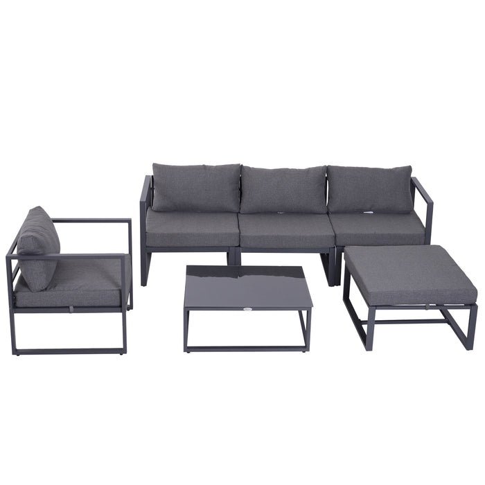 Aluminium Frame 5-Seater Sectional Sofa Set with Footrest - Outdoor Indoor Thick Padded Cushions and Coffee Table - Comfortable Lounging for Patio or Living Room