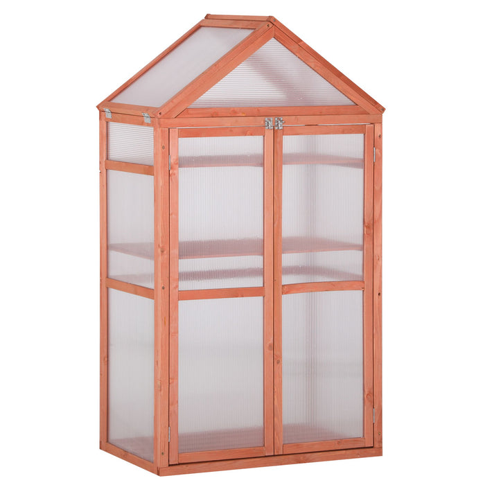 3-Tier Wooden Cold Frame - Polycarbonate Greenhouse with Adjustable Shelves and Double Doors, 80x47x138cm - Ideal for Garden Plant Growth and Protection