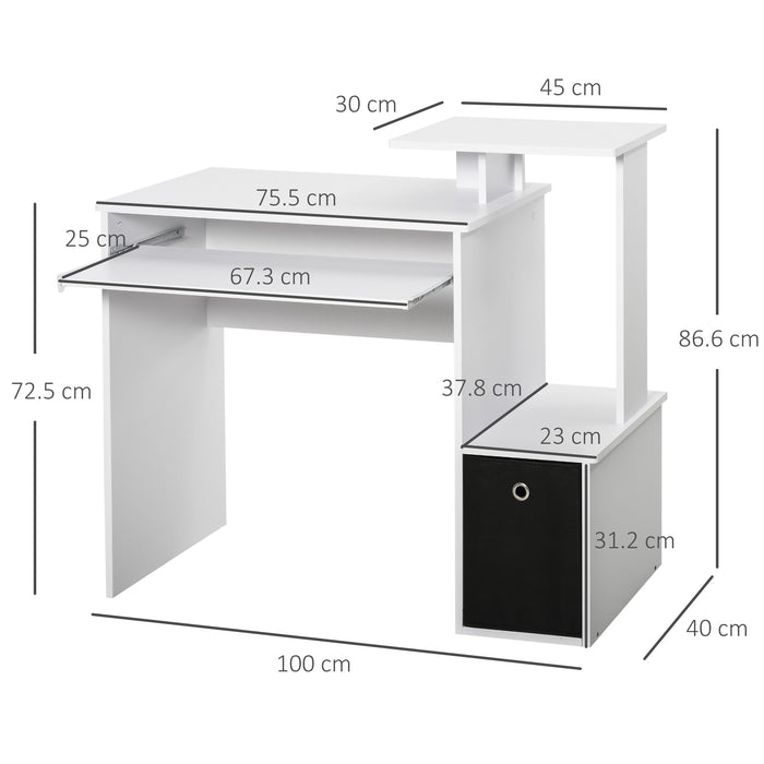 Compact White Computer Desk - Sliding Keyboard Tray, Storage Drawer, and Shelf - Ideal for Home Office, Gaming, and Study Workstation