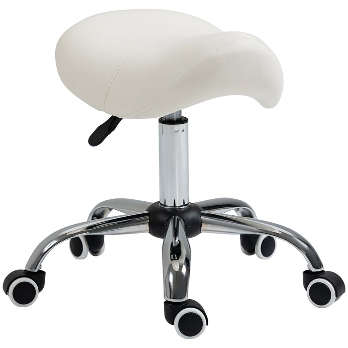 360° Rotating Adjustable Cosmetic Stool - Comfortable Cream Faux Leather Saddle Seat with Hydraulic Lift and Rolling Base - Ideal for Salon, Spa, and Massage Therapists