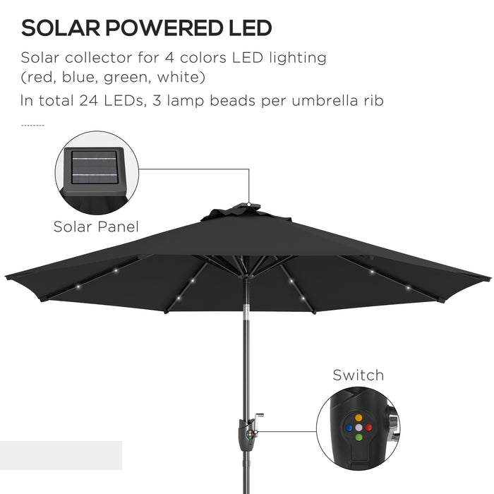 Outdoor Tilt Sun Umbrella with Solar-Powered LED Lights - Φ2.7m Garden Parasol, Hand Crank, 8 Ribs, Patio Sun Shade in Black - Ideal for Nighttime Entertainment & Daytime Relaxation