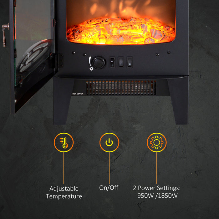 Freestanding Electric Fireplace Heater with Artificial Flame - 950W/1850W Safety Thermostat, Tempered Glass Design - Cozy Warmth for Indoor Spaces