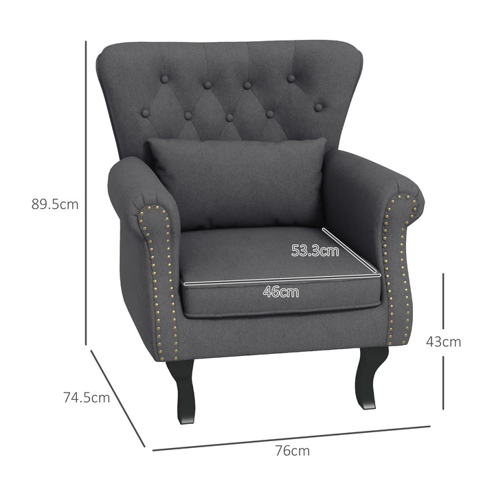 Chesterfield-Style Wingback Chair - Tufted, Nailhead-Trimmed Armchair with Pillow in Dark Grey - Elegant Seating Solution for Living Room and Bedroom