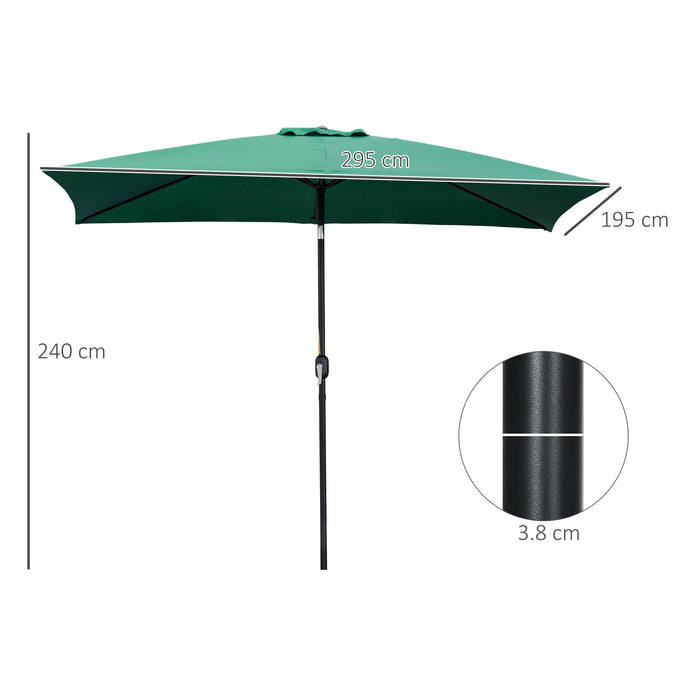 Aluminum Tilt Crank Patio Parasol - 3x2m Rectangular Garden Umbrella with Steel Canopy, Green - Ideal Sun Shade for Outdoor Leisure Spaces