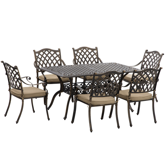 Cast Aluminum 6-Seater Patio Dining Set - Outdoor Furniture with Cushioned Chairs & Umbrella Hole - Ideal for Family Gatherings & Garden Parties