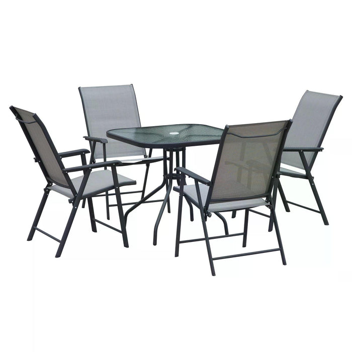 Classic 5-Piece Patio Ensemble - Foldable Steel Chairs & Glass-Top Table with Texteline Comfort - Outdoor Dining Set with Parasol Hole for Garden Spaces