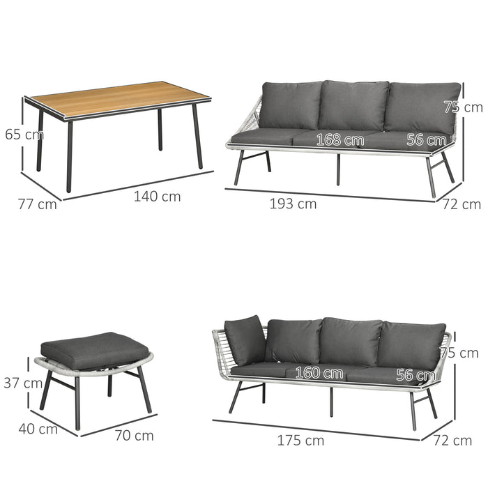 6-Seater Rattan Garden Lounge Set with Sofa - Includes Comfy Footstool & WPC Coffee Table - Perfect for Patio & Deck Entertainment, Grey