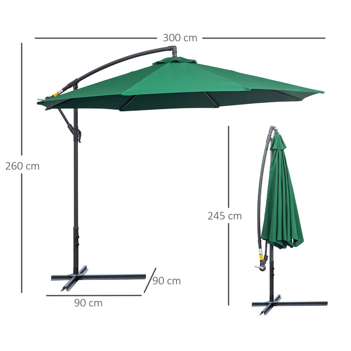 Garden Banana Parasol Umbrella with Crank Handle - 3m Hanging Cantilever Sun Shade, Green with Cross Base - Ideal for Outdoor Leisure and Patio Relaxation