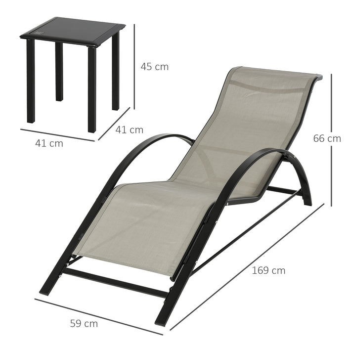 Outdoor Reclining Lounge Chair Set with Side Table - 3-Piece, Grey Sunbathing Chairs for Patio & Garden - Ideal for Poolside Leisure and Backyard Relaxation