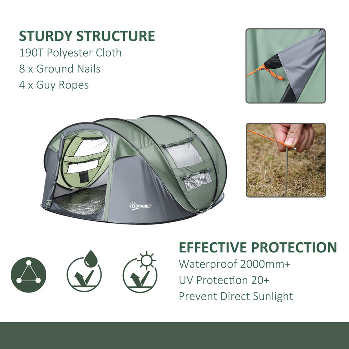 Family-Sized Pop-up Tent for 4-5 People - Waterproof Camping Shelter with Mesh and PVC Windows - Convenient Portable Design for Outdoor Trips in Dark Green