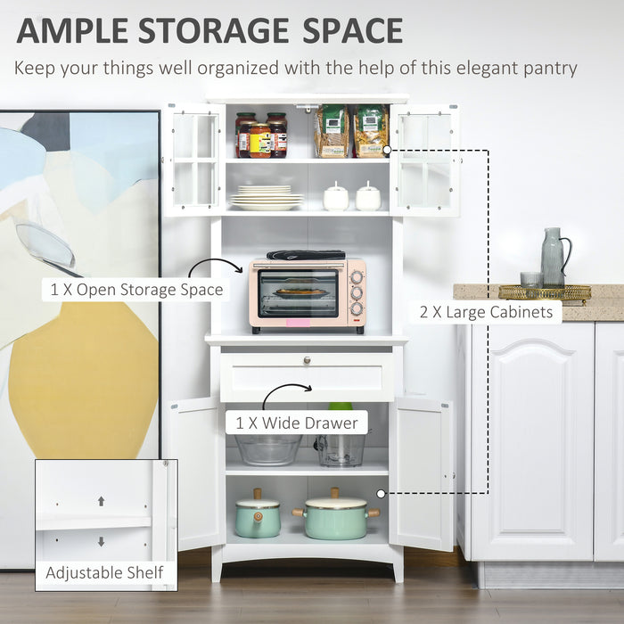 Buffet and Hutch Storage Unit - Elegant White Wooden Cupboard with Glass Door and Drawer for Kitchen Organization - Ideal for Dining and Living Room Essentials Display, 68.6W x 40D x 164Hcm