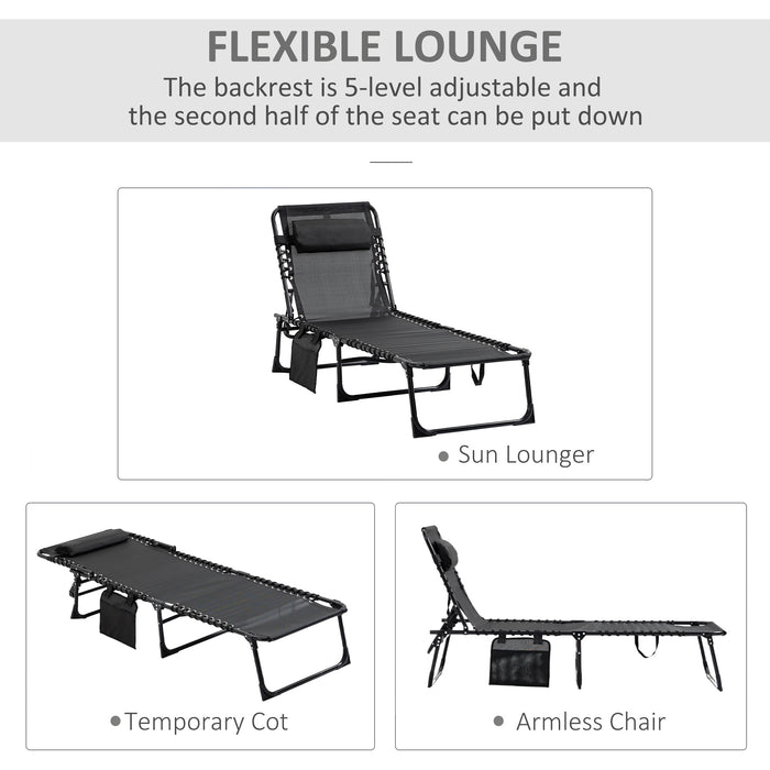 Folding Camping Bed Cot with Side Pocket - 5-Position Adjustable Reclining Sun Lounger - Ideal for Patio, Garden & Outdoor Relaxation