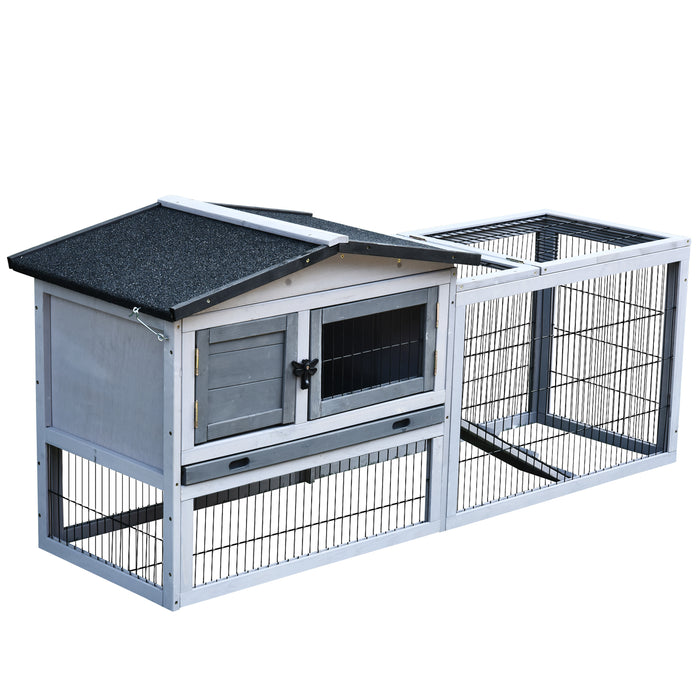 Two-Level Fir Wood Small Animal Hutch - Burnt Grey with Ramp Access - Ideal for Rabbits & Guinea Pigs