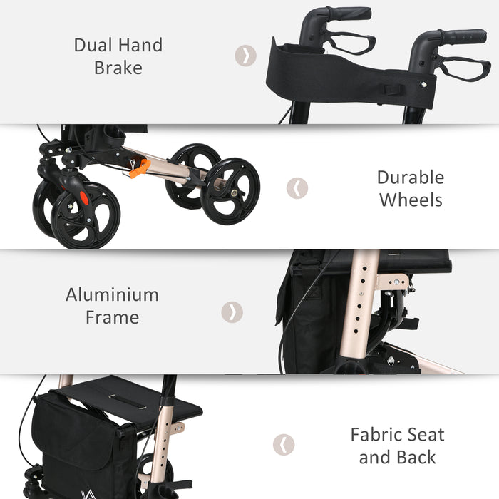 Folding 4-Wheel Rollator with Seat - Mobility Walker with Adjustable Height & Dual Brakes, Cane Holder - Lightweight Aluminium Frame for Elderly & Adults with Mobility Challenges