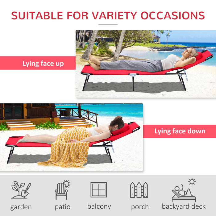 Foldable Red Sun Lounger with Adjustable Backrest - Reclining Chair with Pillow and Reading Hole for Outdoor Relaxation - Perfect for Garden, Beach, and Poolside Comfort