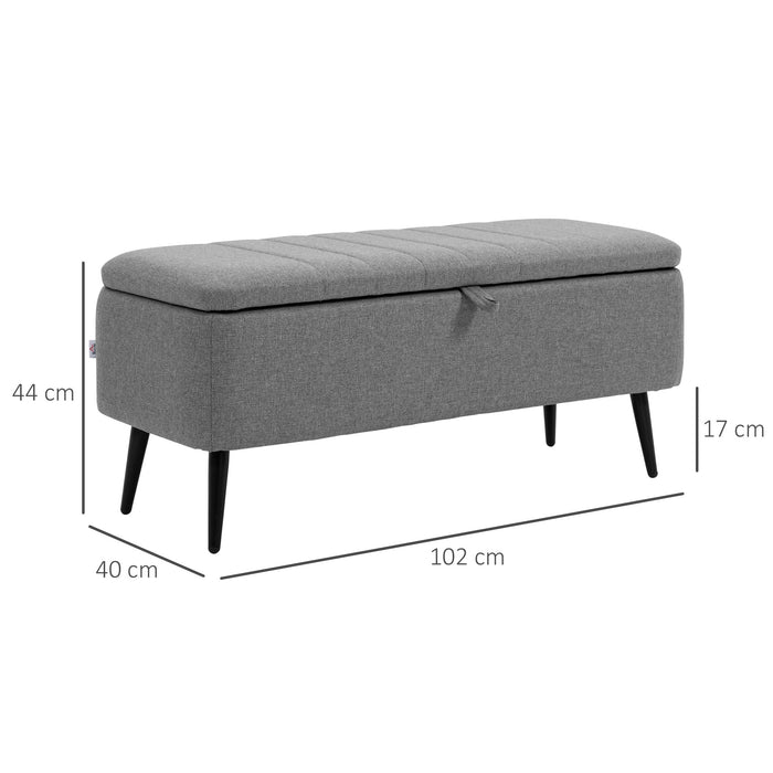 Upholstered Storage Ottoman Bench with Flip Top - Grey Linen Fabric Rectangular Footrest with Durable Steel Legs - Space-Saving Solution for Living Room and Bedroom