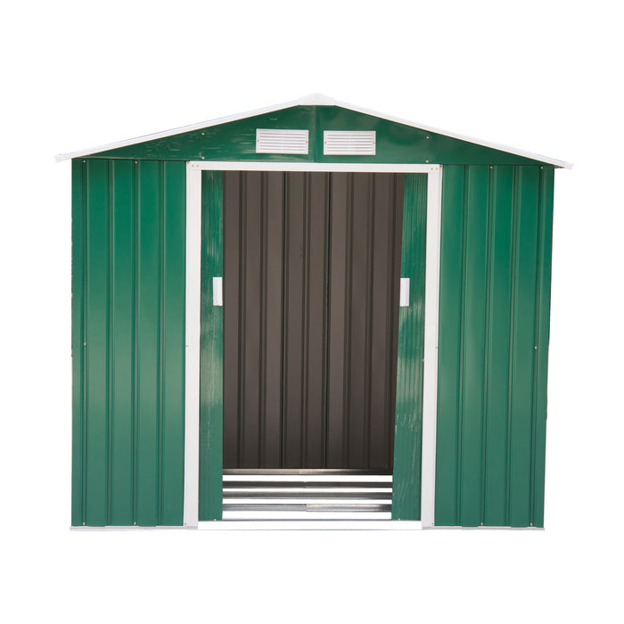 Large 7x4 ft Lockable Metal Garden Shed - Roofed Patio Tool Storage Building with Foundation - Ideal for Outdoor Furniture and Equipment Security, Green