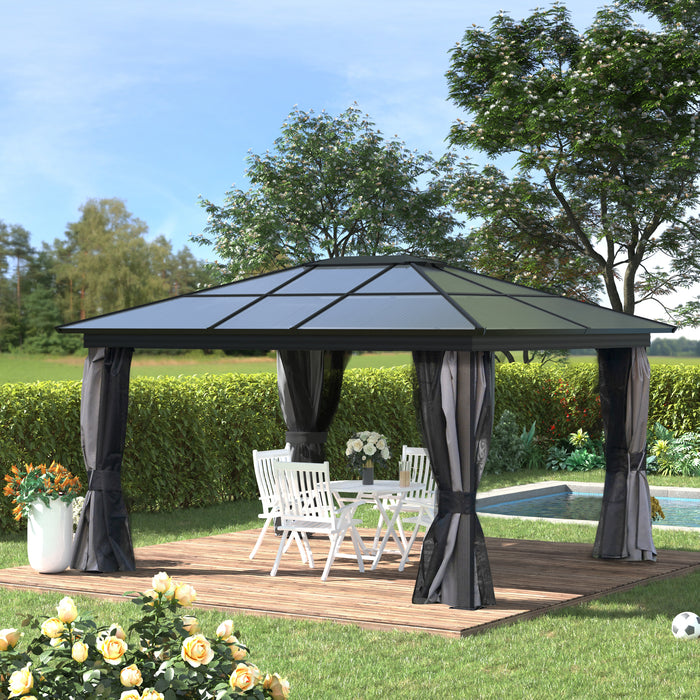 Outdoor Patio Shelter - 4 x 3.6m Hardtop Gazebo, UV-Resistant Polycarbonate Roof, Aluminium Frame, Mosquito Netting, Curtains - Ideal for Garden Entertainment and Relaxation