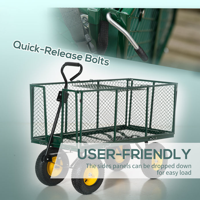 Heavy Duty Garden Trolley Cart with 4 Large Wheels - Durable Metal Frame Wheelbarrow with Handle, Green - Ideal for Gardening and Landscaping Transport Tasks