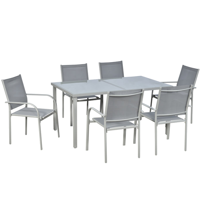 7 Piece Garden Dining Set - Steel-Framed Table with Tempered Glass & 6 Grey Mesh Stackable Chairs - Perfect for Patio & Outdoor Entertaining