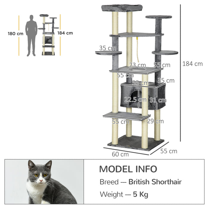 Multi-Level 184cm Cat Tree with Scratching Posts - Indoor Cat Climbing Tower, Bed, Condo & Perches - Ideal for Playful Kittens & Adult Cats with Hanging Play Rope, Grey