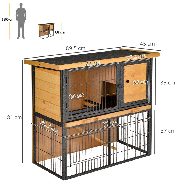 Elevated Wooden Rabbit Hutch with Metal Frame - Bunny Cage with Slide-Out Cleaning Tray, Asphalt Roof, Secure Lockable Door - Ideal for Outdoor Pet Housing and Protection