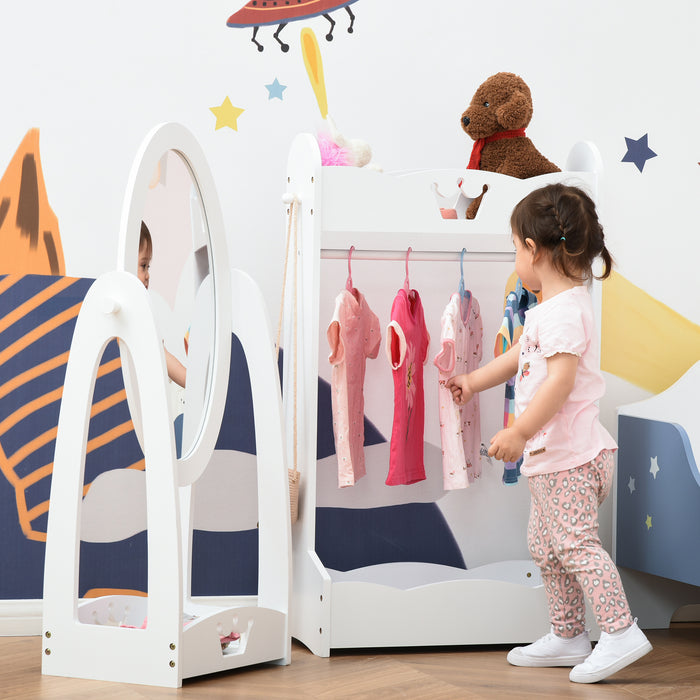 Kids Clothes Rail with 360° Rotating Full-Length Mirror - Free Standing Dress-Up Station with Hanging Rack and Storage Shelves - Perfect for Playrooms and Bedrooms