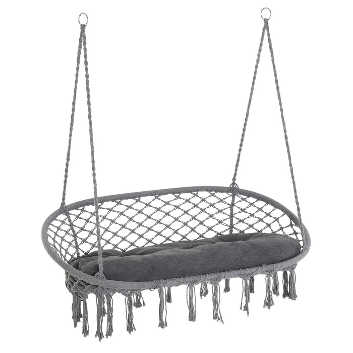 Cotton Rope Hanging Hammock Chair - Sturdy Metal Frame Porch Swing with Large Macrame Seat and Cushion - Perfect for Garden, Bedroom, Living Room Relaxation in Dark Grey