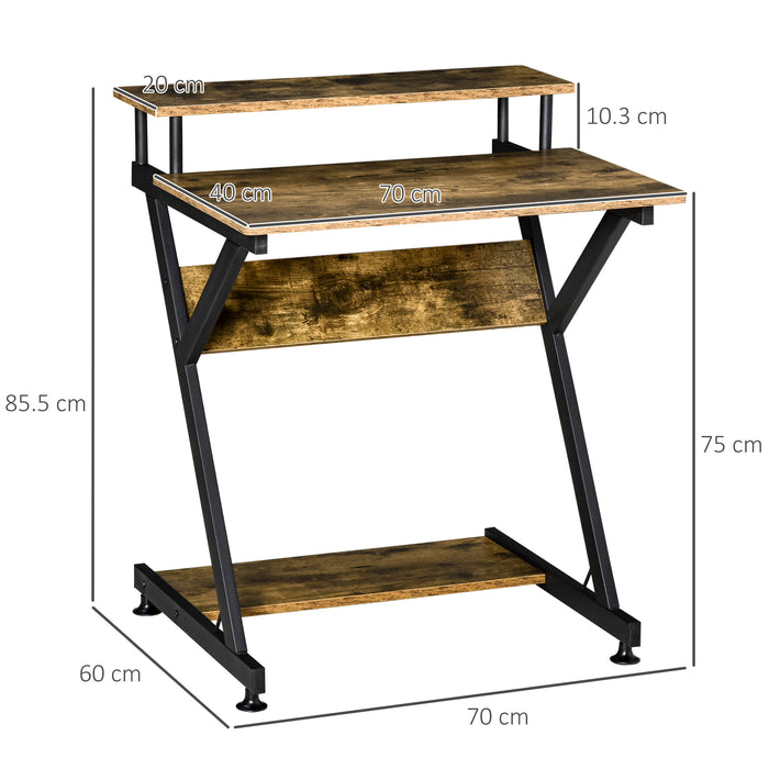 Compact R-Shaped Computer Desk - Home Office Table with Monitor Shelf and Storage, Ideal for Study and Gaming - Space-Saving Design for Small Spaces, 70cm, Brown