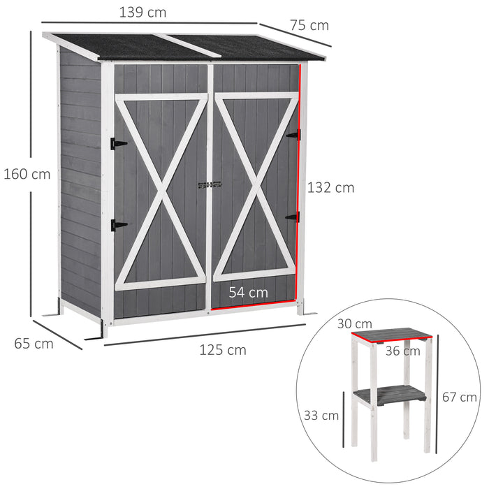 Garden Tool Storage Solution - Multifunctional Lockable Shed with Table, Hooks, and Ground Nails - Ideal Organizer for Outdoor Equipment, 139x75x160cm, Grey