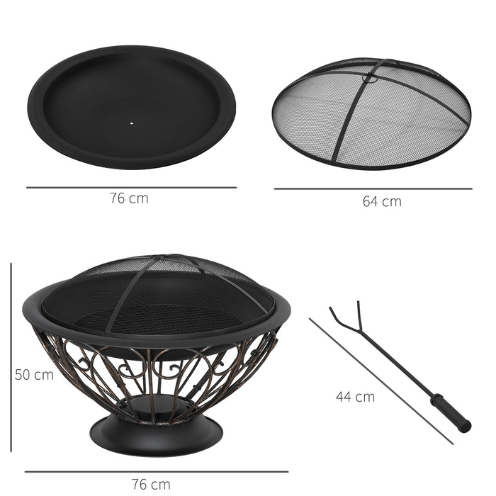 Metal Garden Fire Pit with Accessories - Outdoor Fireplace with Spark Screen, Poker, Log Grate, and Rainproof Cover in Bronze - Ideal Patio Heater for Cozy Evenings