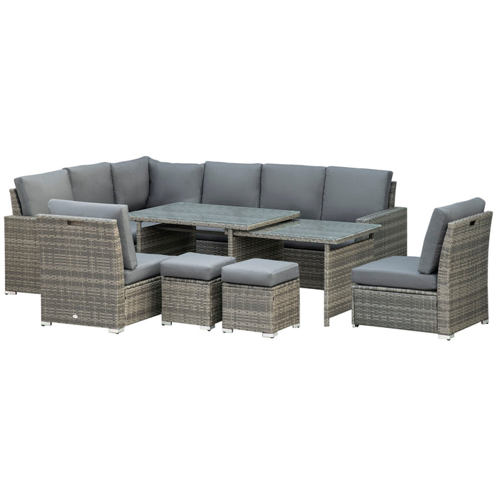 7 Piece Rattan Garden Set - 10-Seater Sectional Sofa, Cushioned Seats, Footstools & Expandable Glass Table - Ideal for Outdoor Entertainment, Yard or Patio Use