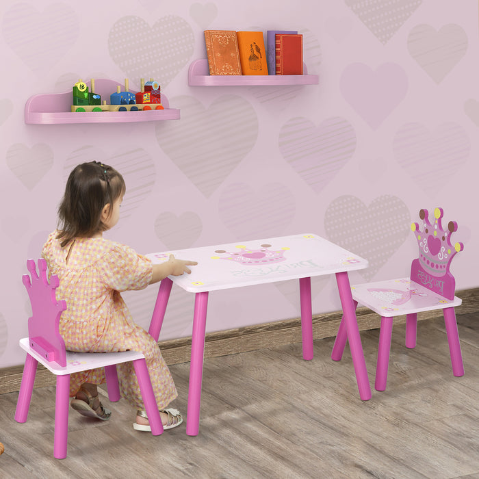 Crown-Themed Kids Wooden Furniture Set - 3-Piece Pink Table and Chair Set with Easy Clean Surface - Ideal for Girls and Toddlers Aged 3-8 Years