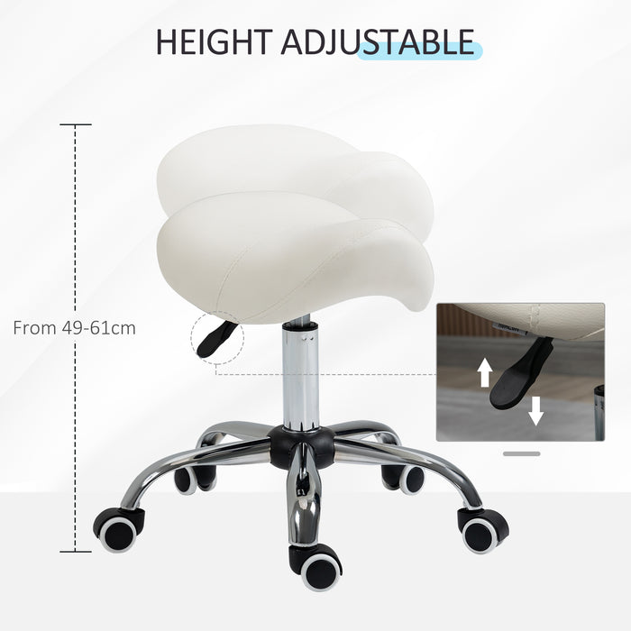 360° Rotating Adjustable Cosmetic Stool - Comfortable Cream Faux Leather Saddle Seat with Hydraulic Lift and Rolling Base - Ideal for Salon, Spa, and Massage Therapists