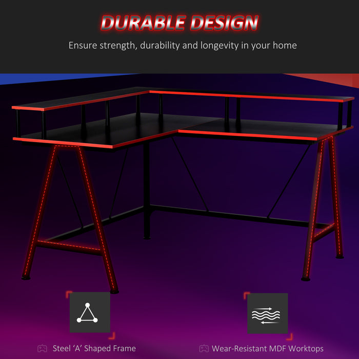 Ergonomic L-Shaped Gaming Desk - Elevated Monitor Shelf, Corner Computer Workstation in Black and Red - Ideal for Gamers and Home Office Setup