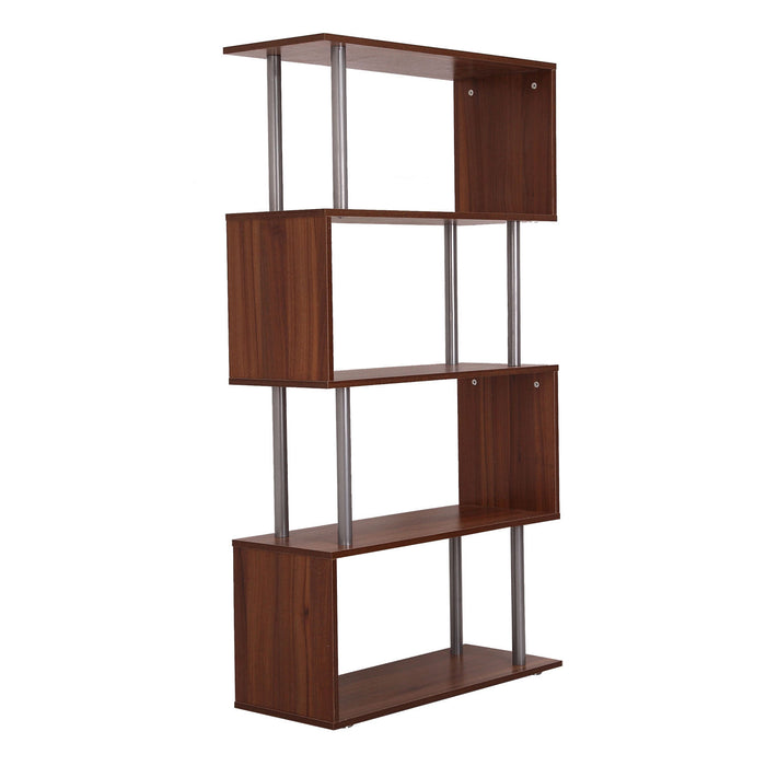 4-Tires Wooden S-Shape Bookshelf - Contemporary Storage & Display Unit with Steel Frame - Ideal for Living Room, Bedroom, Office in Walnut Finish